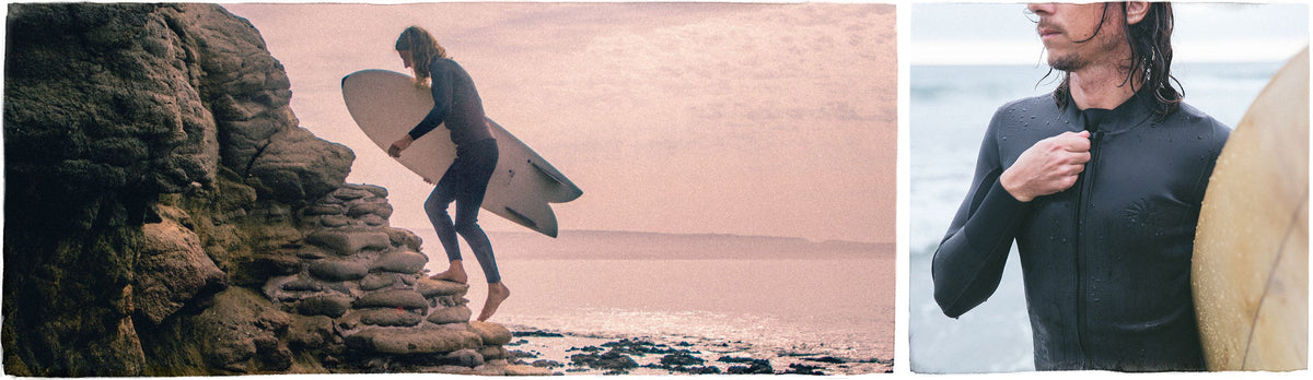 A split-screen lifestyle image showing a man in a black full-body wetsuit carrying a surfboard on a rocky beach, and a close-up of him in the same wetsuit adjusting the collar with the surfboard partially visible.