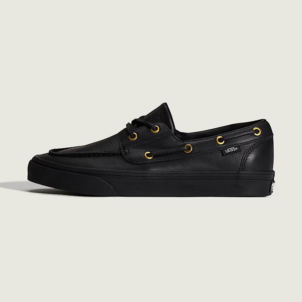 Vans 2-Eyelet Boat Mens Shoes, Leather Black, view 2