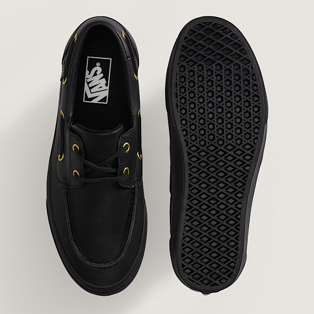 Vans 2-Eyelet Boat Mens Shoes, Leather Black, view 3