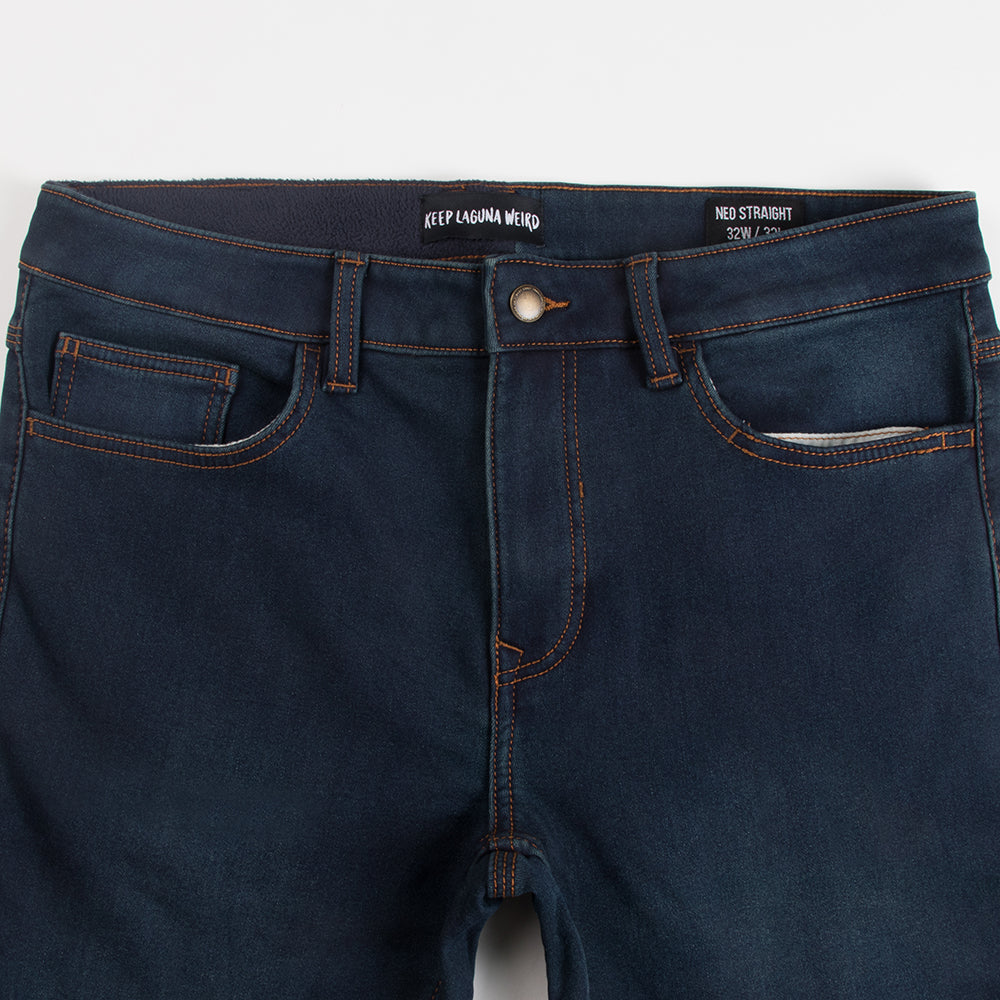 Thalia Surf Fleece Lined Denim Mens Pants, Dark Blue, view 5